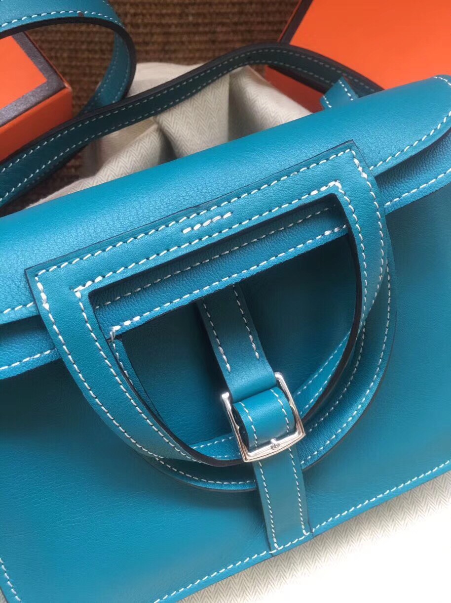 Hermes Mini Halzan 22 Handbag Shoulder Bag In Blue Jean Swift Leather